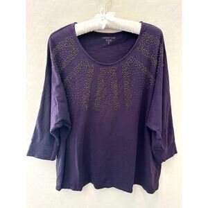 COLDWATER CREEK | Purple Beaded Embellished Dolman Sleeve Top 100% Cotton | XL